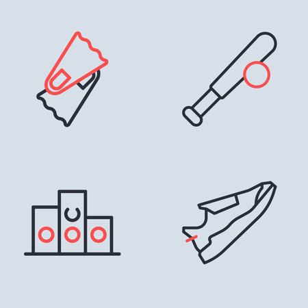 Set line Baseball bat with ball Award over sports winner podium Fitness sneakers shoes and Flippers for swimming icon. Vector.のイラスト素材