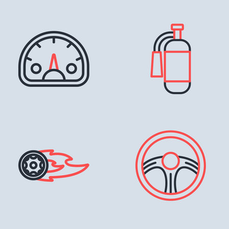 Set line Fire extinguisher Wheel fire flame Racing steering wheel and Speedometer icon. Vector.のイラスト素材