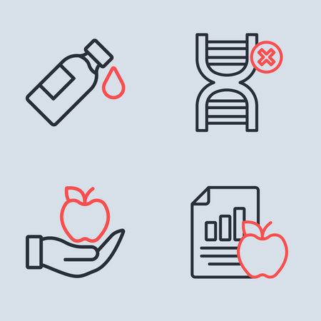 Set line No GMO Apple Diet plan and Bottle of water icon. Vector.のイラスト素材