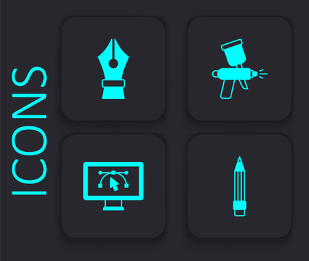 Set Pencil with eraser Fountain pen nib Paint spray gun and Computer design program icon. Black square button. Vector.のイラスト素材