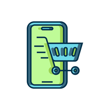 Filled outline Mobile phone and shopping cart icon isolated on white background. Online buying symbol. Supermarket basket symbol. Flat filled outline style with shadow. Vector.のイラスト素材
