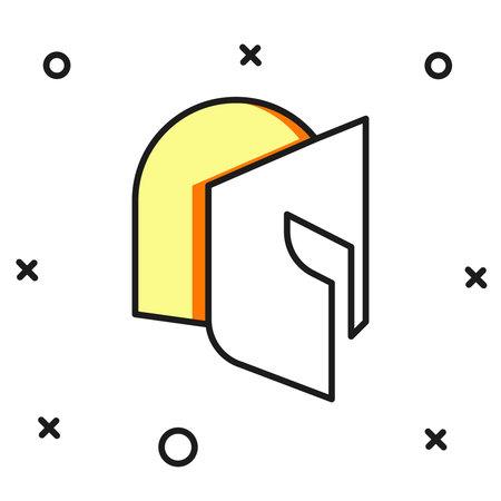 Filled outline Medieval iron helmet for head protection icon isolated on white background. Knight helmet. Flat filled outline style with shadow. Vector.のイラスト素材