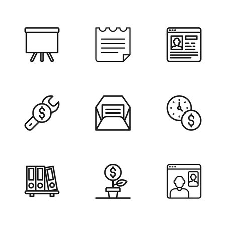 Set line Dollar plant Time is money Video chat conference Envelope Resume Chalkboard Notebook and Repair price icon. Vector.のイラスト素材