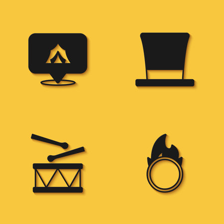 Set Circus tent fire hoop Drum with drum sticks and Cylinder hat icon with long shadow. Vector.のイラスト素材