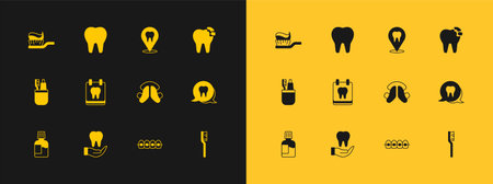 Set Broken tooth Tooth Dental plate Teeth with braces Calendar clinic location Toothbrush toothpaste and icon. Vector.のイラスト素材