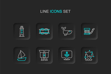 Set line Tsunami Anchor Binoculars Yacht sailboat Marine bollard with rope Whale Nautical knots and Lighthouse icon. Vector.のイラスト素材