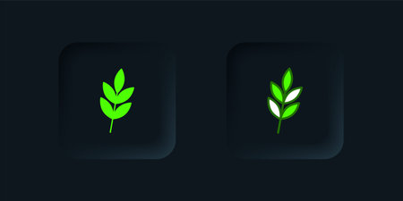 Green Leaf icon isolated on black background. Leaves sign. Fresh natural product symbol. Black square button. Vector.のイラスト素材
