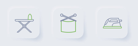 Set line Electric iron Knitting needles and and ironing board icon. Vector.のイラスト素材