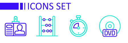 Set line CD or DVD disk Stopwatch Abacus and Identification badge icon. Vector.のイラスト素材