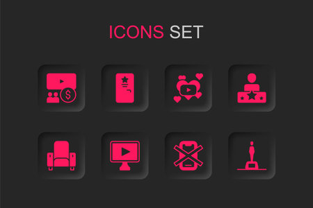 Set Online play video Backstage Cinema auditorium with screen No cell phone Actor star Movie trophy Romantic movie and chair icon. Vector.のイラスト素材