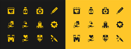 Set Medical thermometer Heart with cross Hospital building IV bag prescription First aid kit Doctor appointment and Bottle of medicine syrup icon. Vector.のイラスト素材