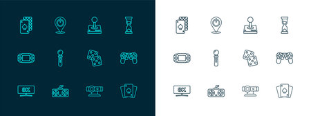 Set line Old hourglass Game controller or joystick dice Web camera VR game Joystick for arcade machine Playing cards and Power button icon. Vector.のイラスト素材