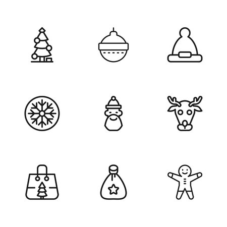 Set line Santa Claus bag gift Reindeer Holiday gingerbread man cookie hat and beard Christmas tree ball and Snowflake icon. Vector.のイラスト素材