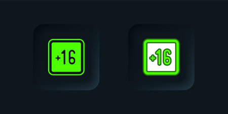Green Plus 16 movie icon isolated on black background. Adult content. Sixteen plus icon. Censored business concept. Black square button. Vector.のイラスト素材