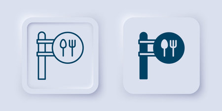 Filled and outline Cafe and restaurant location icon isolated on gray background. Fork and spoon eatery sign inside pinpoint. Square button. Vector..のイラスト素材