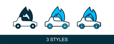 Filled outline Burning car icon isolated on white background. Car on fire. Broken auto covered with fire and smoke. Vector.のイラスト素材