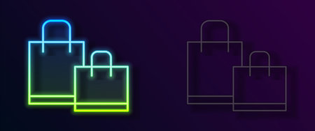 Glowing neon line Paper shopping bag icon isolated on black background. Package sign. Vector.のイラスト素材