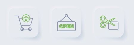 Set line Scissors cuts discount coupon Hanging sign with text Open and Add to Shopping cart icon....