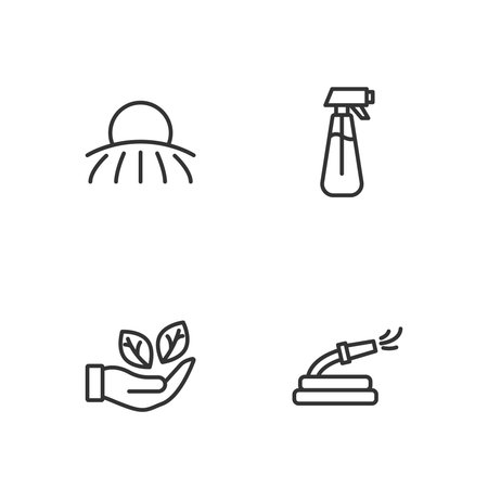 Set line Garden hose Leaf in hand Sunrise and sprayer for water icon. Vector.のイラスト素材