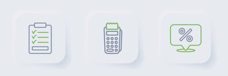 Set line Discount percent tag POS terminal and Clipboard with checklist icon. Vector.のイラスト素材