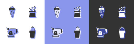 Set Ice cream in waffle Cannon and Magician hat icon. Vector.