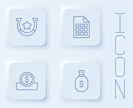 Set line Horseshoe Lottery ticket Coin money with dollar and Money bag. White square button. Vector.のイラスト素材