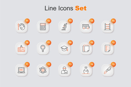 Set line Fountain pen nib Test tube Teacher Atom Laptop Clipboard with checklist File document and Graduation cap icon. Vector.のイラスト素材