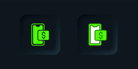 Green Mobile phone and shopping cart icon isolated on black background. Online buying symbol. Supermarket basket symbol. Black square button. Vector.のイラスト素材