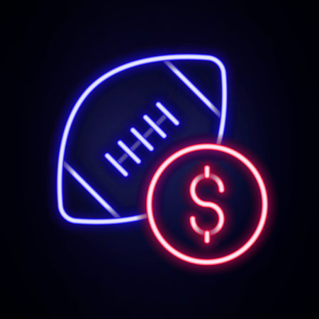 Glowing neon line American football betting money icon isolated on brick wall background. Football bet bookmaker. Soccer betting online make money. Colorful outline concept. Vector.のイラスト素材