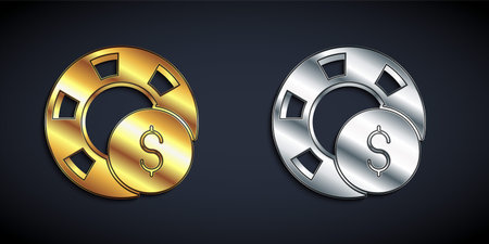 Gold and silver Casino chips icon isolated on black background. Casino gambling. Long shadow style. Vector.のイラスト素材