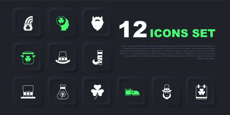 Set Leprechaun Saint Patricks day with calendar hat boot Pot of gold coins Money bag clover Head trefoil leaf and Clover icon. Vector.のイラスト素材