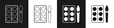 Set Watercolor paints in box with paint brush icon isolated on black and white background. Vector.のイラスト素材