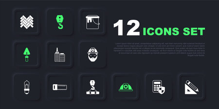 Set Security keypad access panel Triangular ruler and pencil City landscape Worker safety helmet Trowel Hand saw Crane hook and icon. Vector.のイラスト素材