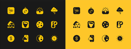 Set Cloud and lightning Weather forecast app Moon phases Tornado Sunset Wind and Compass icon. Vector.のイラスト素材