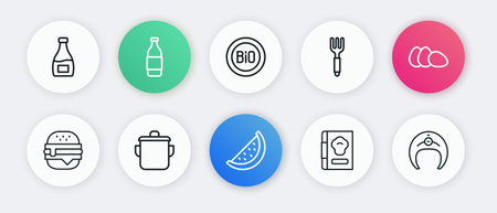Set line Watermelon Chicken egg Burger Cookbook Fork Banner for bio Fish steak and Cooking pot icon. Vector.のイラスト素材