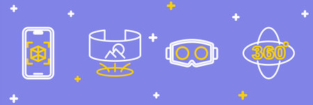 Set line 360 degree view Virtual reality glasses and 3d modeling icon. Vector.