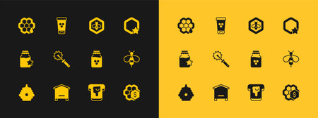 Set Honeycomb Hive for bees Jar of honey Bread with Cutter roll Bee and honeycomb and Cosmetic tube icon. Vector.のイラスト素材
