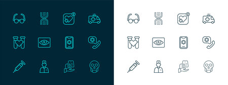 Set line Ambulance car Male doctor Emergency call 911 Blood donation Red eye effect Mobile with heart rate Glasses and DNA symbol icon. Vector.のイラスト素材