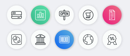 Set line Barcode Financial check Pie chart infographic Worldwide Shopping cart Hanging sign with text Open Discount percent tag and Bank building icon. Vector.のイラスト素材