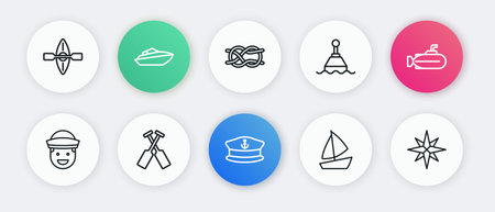 Set line Captain hat Submarine Sailor Yacht sailboat Floating buoy Nautical rope knots Wind rose and Crossed oars paddles icon. Vector.のイラスト素材