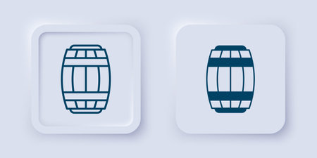 Filled and outline Wooden barrel icon isolated on gray background. Alcohol barrel, drink container, wooden keg for beer, whiskey, wine. Square button. Vector.のイラスト素材