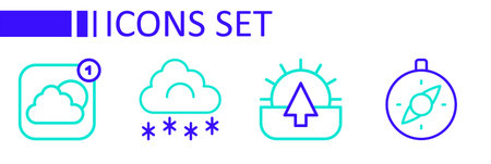 Set line Compass Sunrise Cloud with snow and Weather forecast app icon. Vector.のイラスト素材