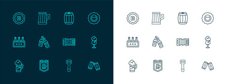 Set line Bottle opener Street signboard with beer Accordion Beer bottle Wooden barrel cap and mug icon. Vector.のイラスト素材