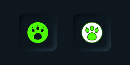 Green Paw search icon isolated on black background. Magnifying glass with animal footprints. Black square button. Vector.のイラスト素材