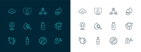 Set line Water drop Bottle of water forbidden Drop and magnifying glass Chemical formula H2O Cloud with rain and location icon. Vector.のイラスト素材