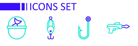 Set line Fishing hook Fisherman lure and bucket with fish icon. Vector.のイラスト素材