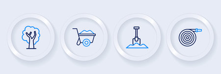 Set line Garden hose Shovel Wheelbarrow and Tree icon. Vector.のイラスト素材