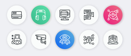 Set line Computer vision Blockchain technology Bitcoin Cyber security Speech bubble chat Cloud database and Security camera icon. Vector.のイラスト素材