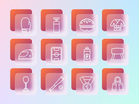 Set line Kimono Baseball bat with ball Fitness shaker Medal Football field Bicycle helmet Boxing glove and Punching bag icon. Vector.のイラスト素材