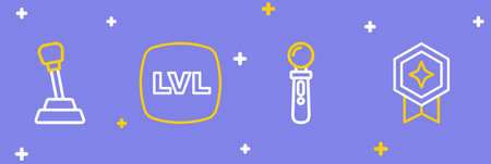 Set line Game rating with medal VR controller game Level and Gear shifter icon. Vector.のイラスト素材